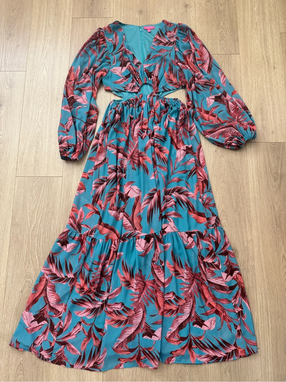 Vici Teal & Pink Tropical Maxi Dress with Cutout Detail